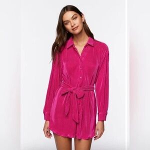 Hot Pink Plisse Button-Up Long Sleeve Belted Shirt Dress, Hot Pink Mini Dress